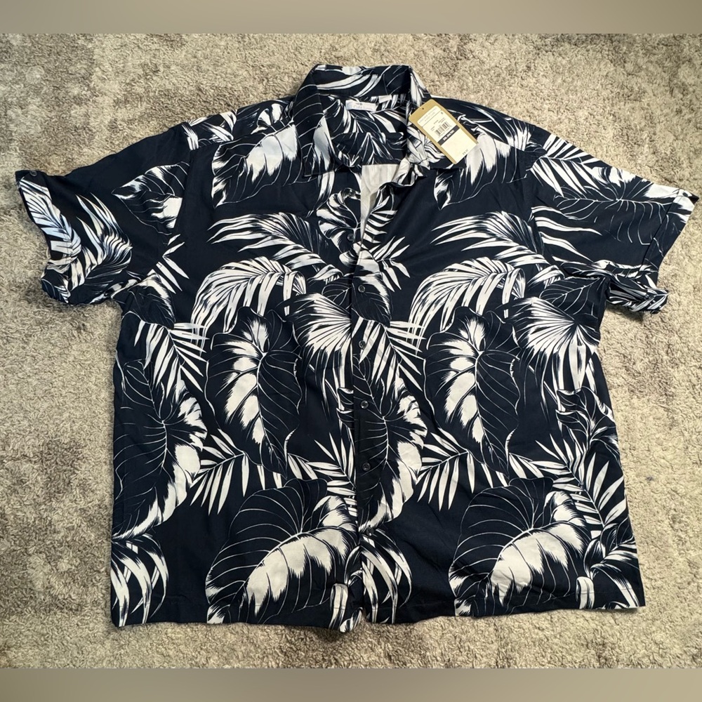 Blue and White Casual Button Down Shirt with Tropical Print